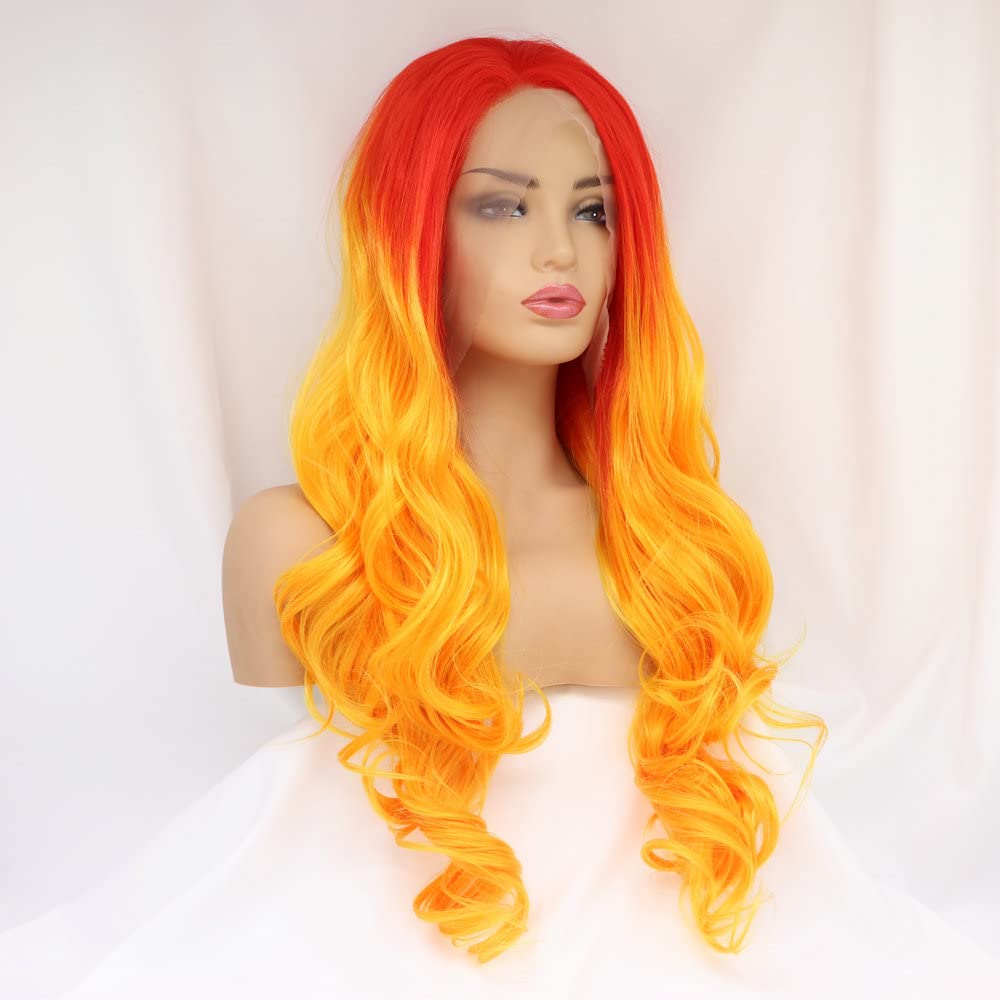 Yinuozhogntian 24" Bright Red Orange Ombre Color Wig Heat Resistant Synthetic Lace Front Wigs for Women Flame Red Female Cosplay Party Wigs Drag Queen