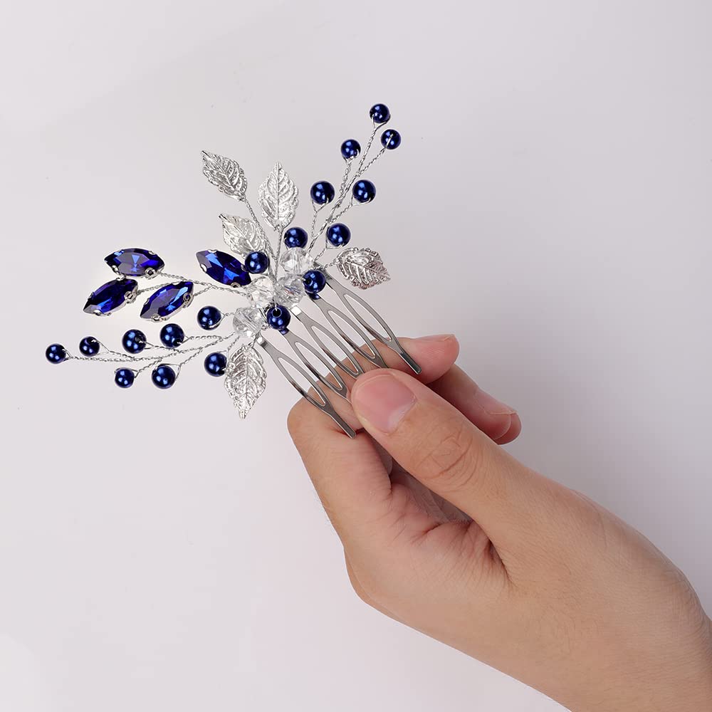 YERTTER Wedding Bridal Hair Comb decorative Rhinestone Bride Crystal Leaf Beads Comb Crystal Silver Handmade Updo Comb Clip Head Pieces for Women Flower Girls (Blue)