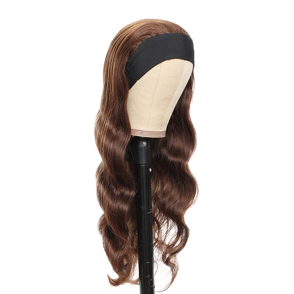 YiweYowe 22 Inch Highlight Brown Body Wave Headband Wig Human Hair No Lace Wig 150% Density Brazilian Virgin Hair Wig P4/27 Honey Blonde Wig Human Hair Grade 8A Machine Made Headband Wig