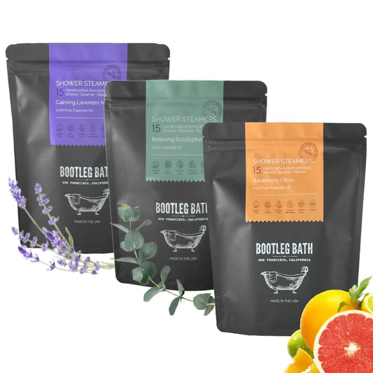 BOOTLEG BATH Shower Steamers Aromatherapy 45 Pack, 100% Pure Essential Oil, Multi Pack - Eucalyptus, Lavender, Citrus - All Natural, for Men and Women, Made in USA
