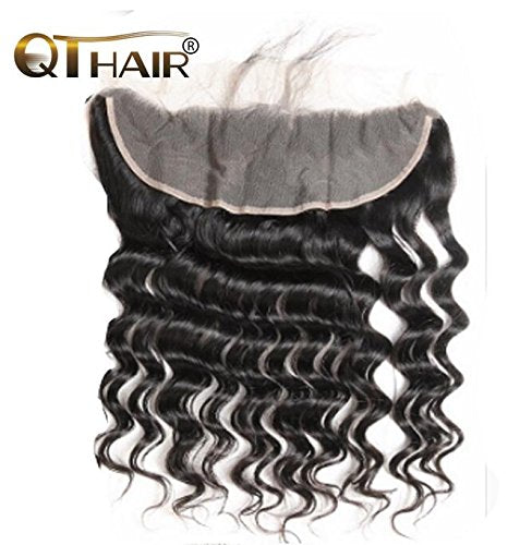 QTHAIR 14A Peruvian Loose Deep Curly Frontal with Bundles 13x4 Lace Frontal Closure with Baby Hair Free Part (16 18 20+14,Natural Black) Peruvian Deep Wave Human Hair with Ear to Ear Lace Frontal