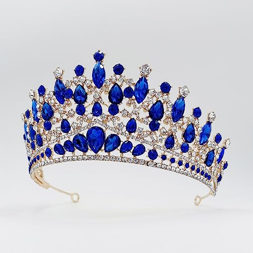 SH Metal Tiaras and Crowns for Women, Crystal Wedding Tiara for Bride, Rhinestone Queen Crown, Bridal Costume Hair Accessories for Birthday Prom Pageant Quinceanera Celebration, Blue