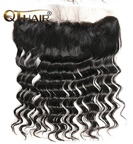 QTHAIR 14A Peruvian Loose Deep Curly Frontal with Bundles 13x4 Lace Frontal Closure with Baby Hair Free Part (16 18 20+14,Natural Black) Peruvian Deep Wave Human Hair with Ear to Ear Lace Frontal