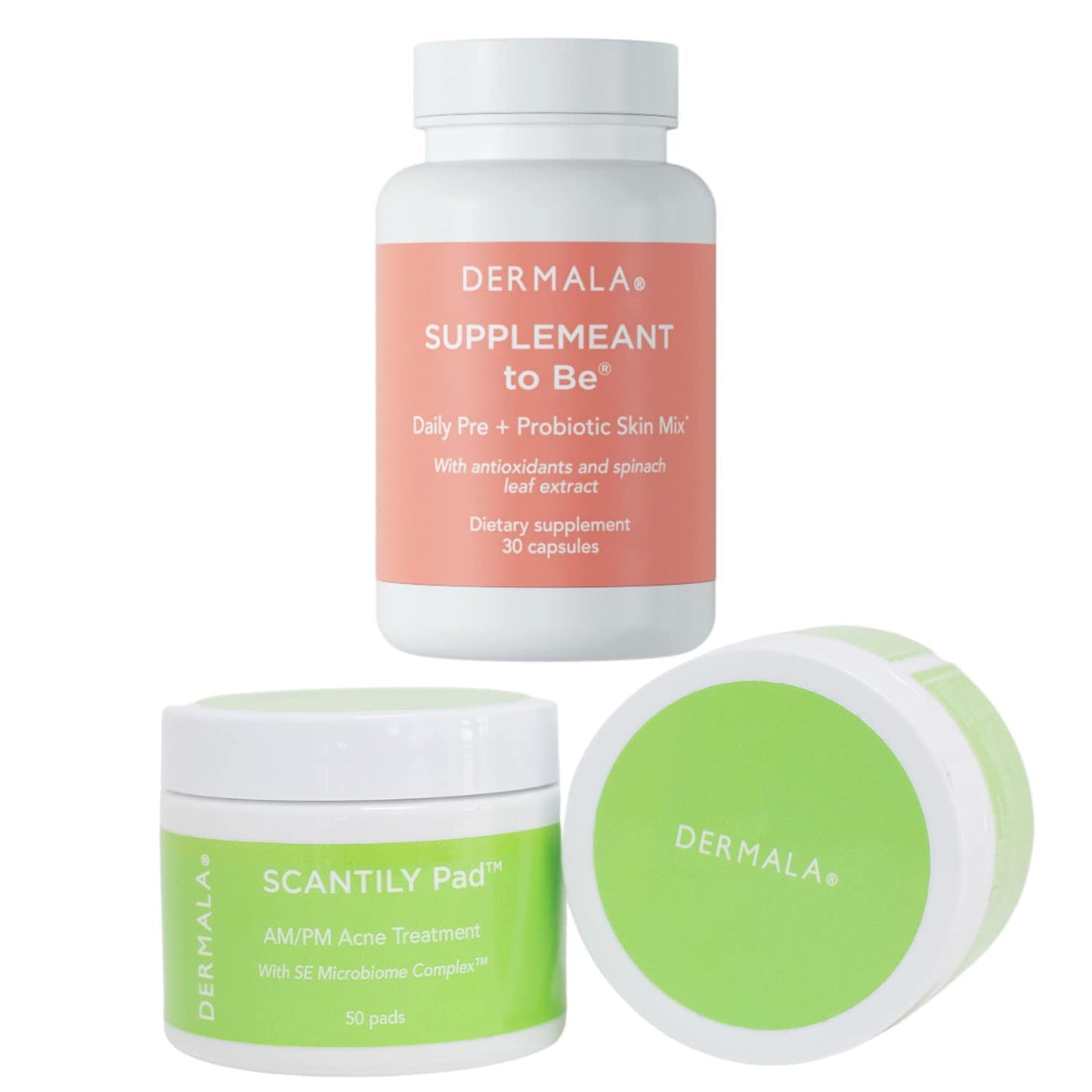 Dermala SUPPLEMEANT Prebiotic, Probiotic Skin Mix & Scantily Pad Acne Treatment Bundle