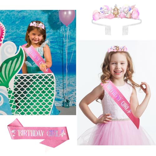 YARIEW Mermaid Crown and Birthday Sash Mermaid Birthday Decorations Mermaid Birthday Party Decorations Birthday Sash for Women Birthday Crown Tiara for Women Halloween Costume Gifts