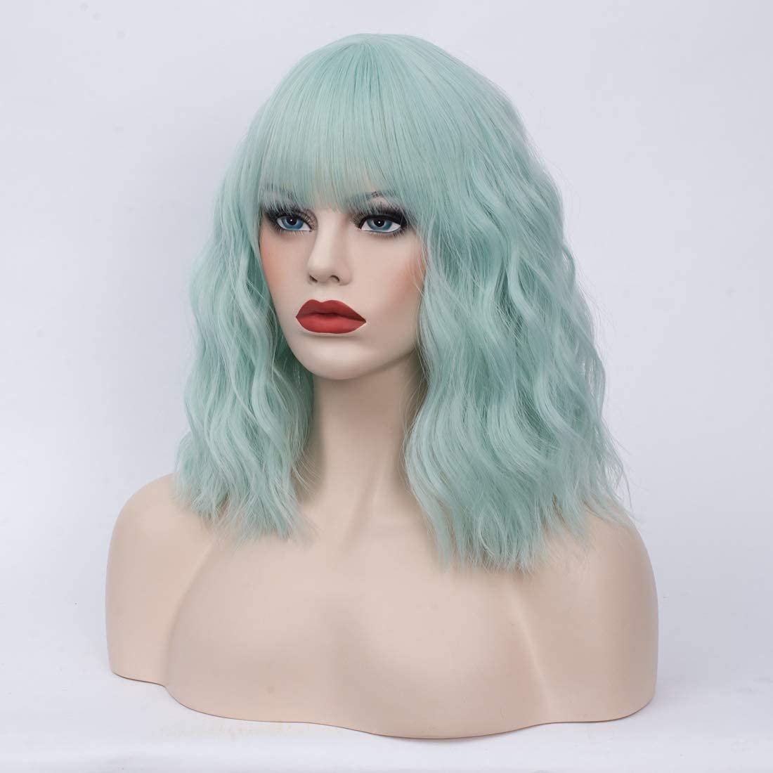 WGPFWIG Women's Mint Green Wig Short Curly Wavy Wig Shoulder Length Flat Bangs Wig For Women Girl Cosplay Party Halloween Wig Cap Included (Mint Green-20)