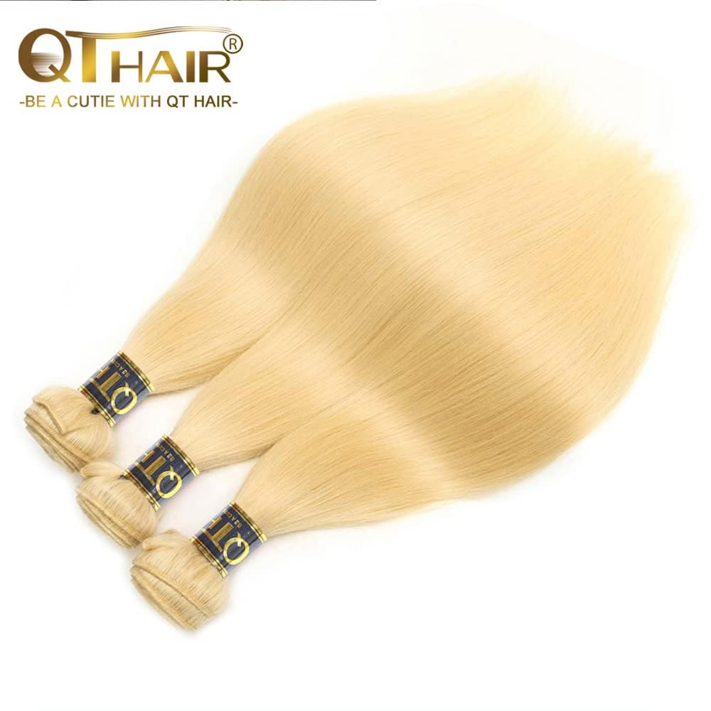 QTHAIR Human Hair Blonde Bundles 14A Grade 100% Brazilian Human Hair Color #613 Platinum Blonde Straight 26" Light Blonde Color Bundles 613 Color Straight Human hair Extensions 100g/Bundle