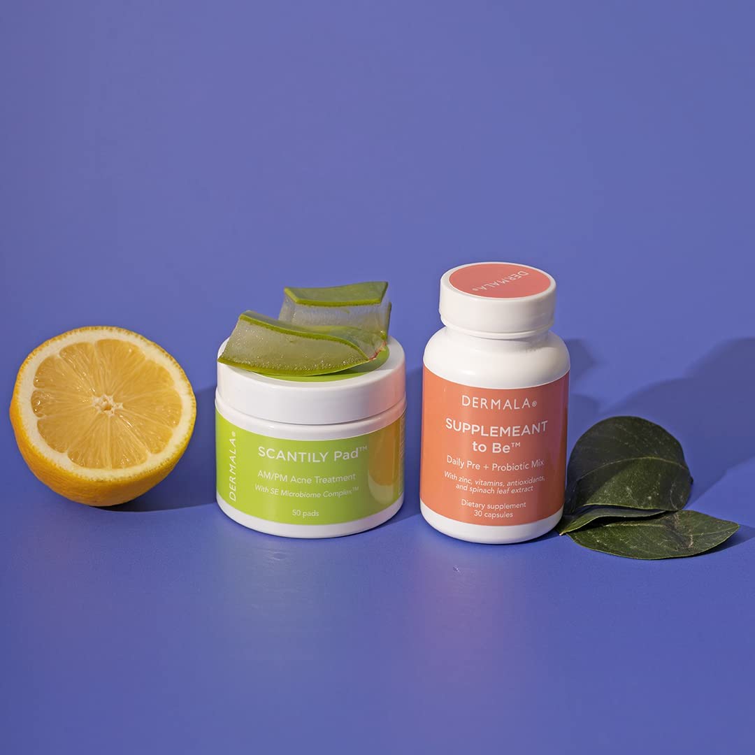 Dermala SUPPLEMEANT Prebiotic, Probiotic Skin Mix & Scantily Pad Acne Treatment Bundle