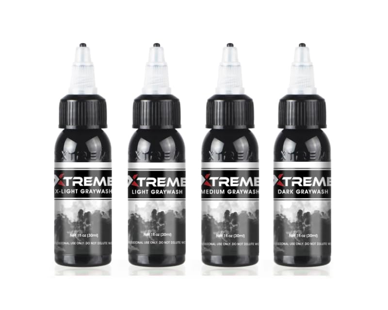 Xtreme Ink Greywash Set, Unleash Artistry with Subtle Shades, Extra Light, Light, Medium, and Dark Graywash, Ethical, Sterilized, and Ready-to-Use Tattoo Pigment Dispersion (Set of 4, 4 oz)