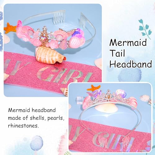 YARIEW Mermaid Crown and Birthday Sash Mermaid Birthday Decorations Mermaid Birthday Party Decorations Birthday Sash for Women Birthday Crown Tiara for Women Halloween Costume Gifts