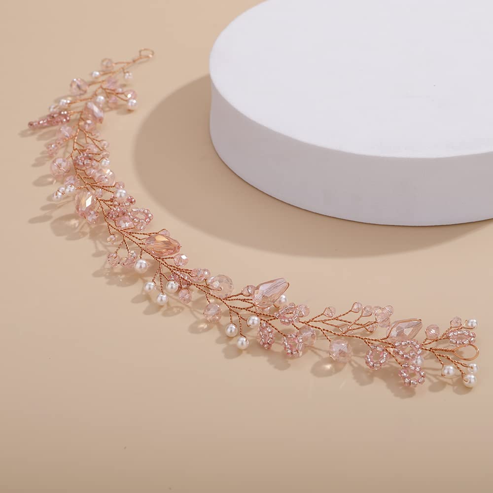 Teyglen Pink Rhinestones Crystal Hair Vine Headband, Handmade Bridal Hair Accessories for Women Girls (1 Count, Pink)