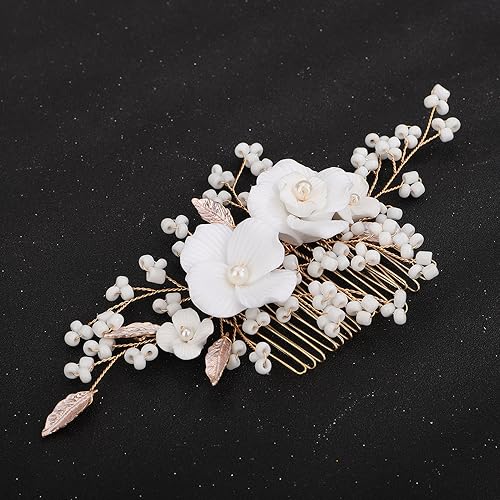 Teyglen Flower Bride Wedding Hair Comb Bridal Leaf Pearl Beads Hair Piece Bridal Gold Silver Flower Headpiece Floral Hair Accessories for Women Flower Girls (Gold)