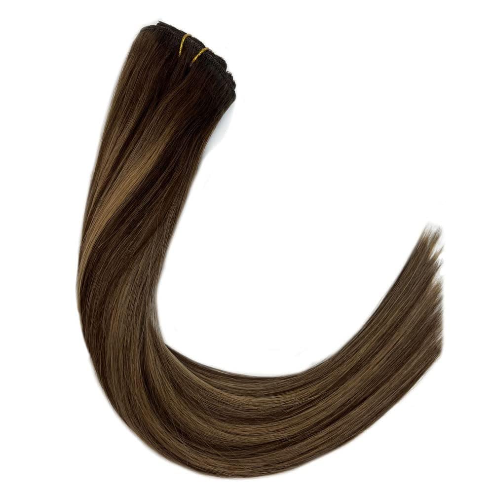 Brown Clip in Medium Length Real Human Hair Extensions 16 Inch Balayage Brown Hair Extensions Easy to Use with Clips 120g