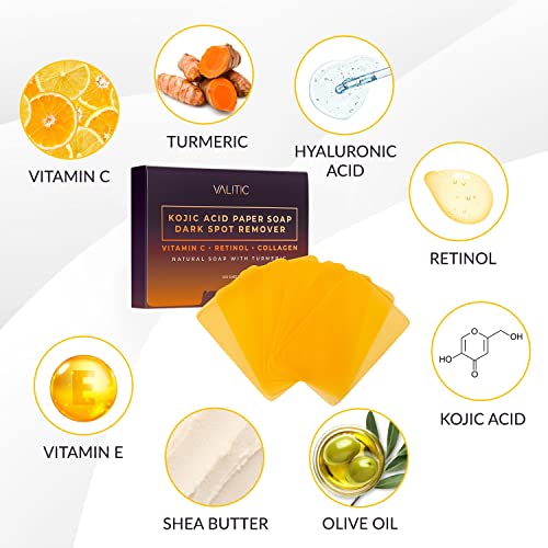 VALITIC Kojic Acid Dark Spot Corrector Paper Soap - Travel Size - 100 Portable and Dissolvable Soap Sheets -with Vitamin C, Retinol, Collagen and Turmeric - 2 Pack