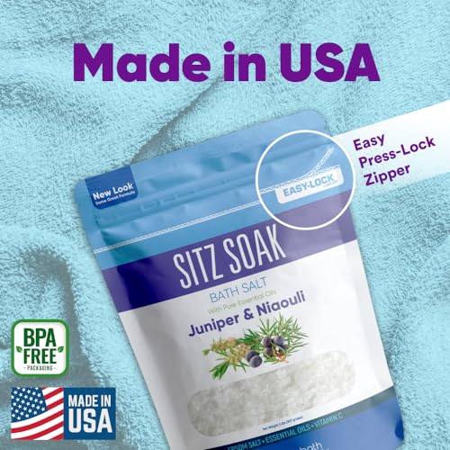 Sitz Bath Soak 2-Lbs Sitz Salt Epsom Salt Hemorrhoid Soothing with Pure Essential Oils in BPA Free Pouch with Press-Lock Seal Made in USA