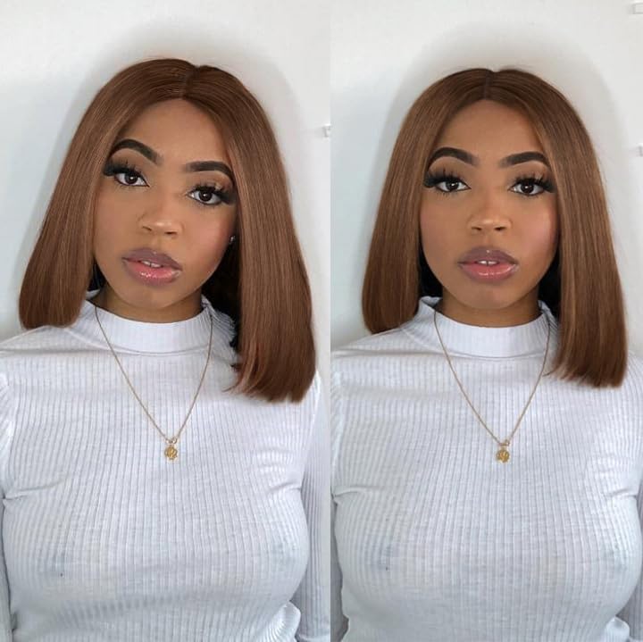 Brown Bob Lace Front Wigs Human Hair for Women 13x4 HD Lace Frontal Straight Bob #4 Medium Brown Middle Part Bob Wig 12 Inch Lace Front Human Hair Pre Plucked Hairline with Baby Hair Brazilian Bob Wig