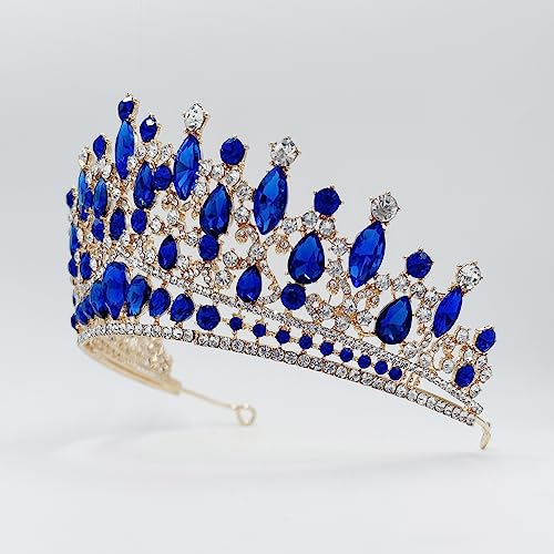 SH Metal Tiaras and Crowns for Women, Crystal Wedding Tiara for Bride, Rhinestone Queen Crown, Bridal Costume Hair Accessories for Birthday Prom Pageant Quinceanera Celebration, Blue