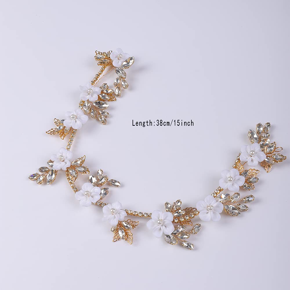 YERTTER Bridal White Flower Leaf Crystal Headband Wedding Crystal Floral Headband Pearl Hair Band Crystal Vine Rhinestone Headband Wedding Head Pieces for Women Bride Bridesmaid Flower Girl Prom Birthday Party (Style 2)