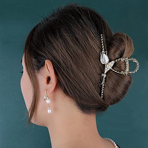 Rhinestone Hair Clips Pearl Leaf Shape Metal Hair Catch Barrette Jaw Clamp for Thin Thick Curly Hair Crystal Non-Slip Hair Claws Strong Hold Hair Accessories for Women, Bride, Bridesmaid