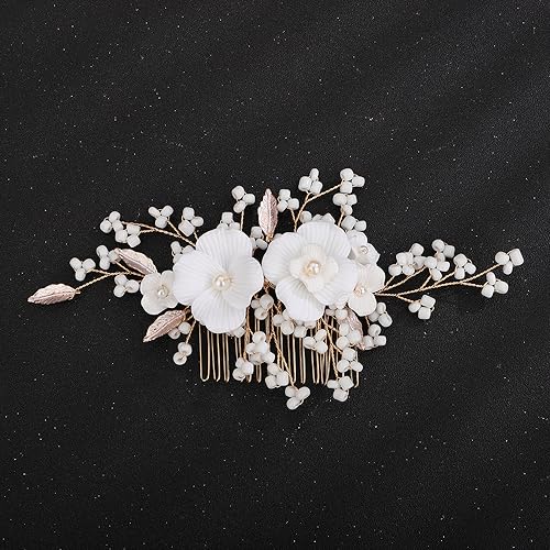 Teyglen Flower Bride Wedding Hair Comb Bridal Leaf Pearl Beads Hair Piece Bridal Gold Silver Flower Headpiece Floral Hair Accessories for Women Flower Girls (Gold)