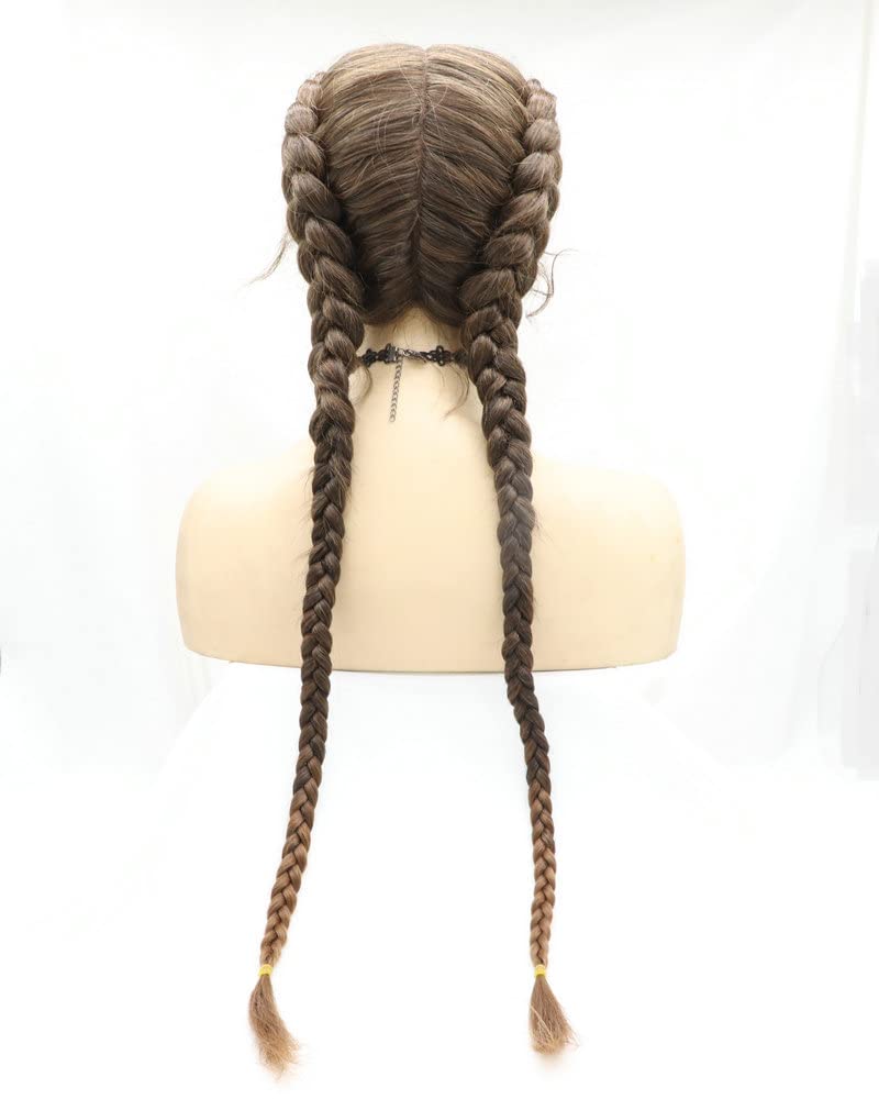 1B/30 Mixed Brown Blonde Double Braided Wigs with Baby Hair Ombre Brown Synthetic Lace Front Wigs for Women Long Synthetic Lace Frontal Large Dutch Box Braided Wigs Daily Cosplay Party Use