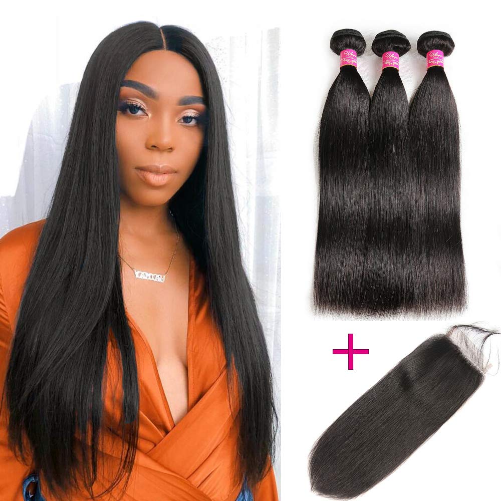 Brazilian Straight Hair With Closure 3 Bundles Unprocessed Virgin Human Hair Bundles With Lace Closure Free Part Hair Extensions Natural Color (20 22 24+18",Free Part)