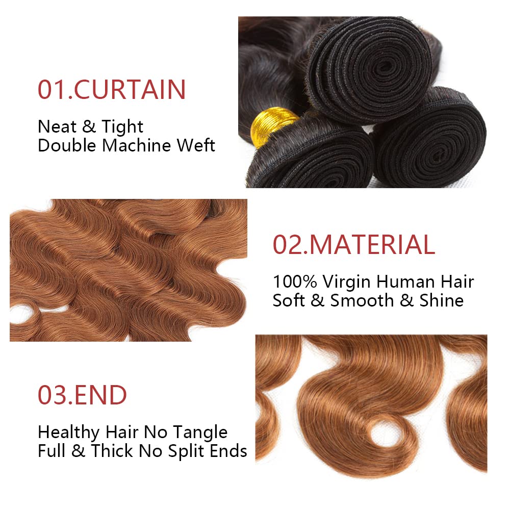 Ombre Brazilian Body Wave Hair Bundle 12 Inch 1B30 Body Wave Human Hair Bundles 8A Unprocessed Virgin for Black Women Body Wave Weave Hair Human Bundles Dark Brown Bundle