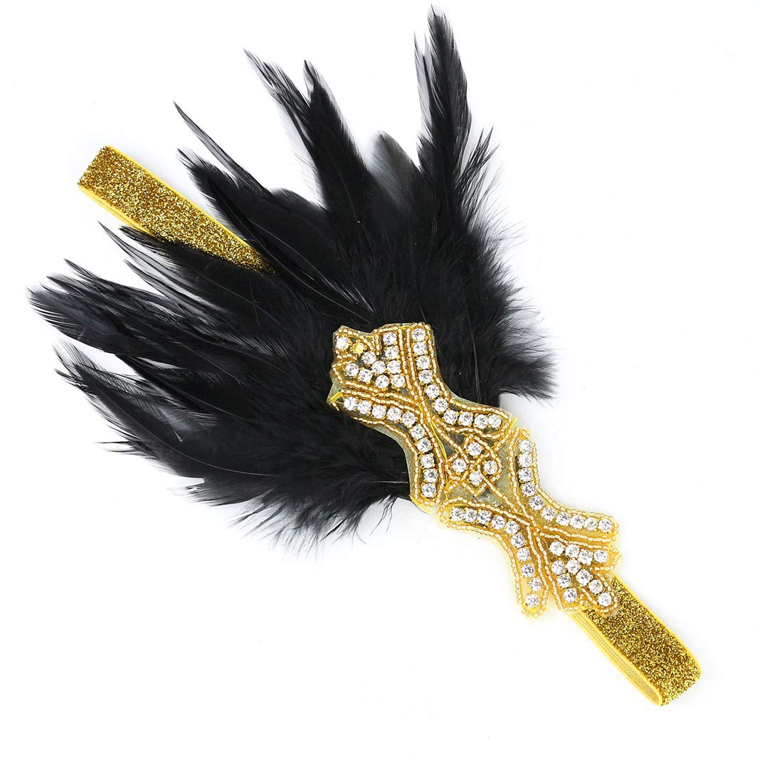 Art Deco 1920s Flapper Headband Feather Roaring 20s Great Gatsby Headpiece for Women Hair Accessories Gold Black