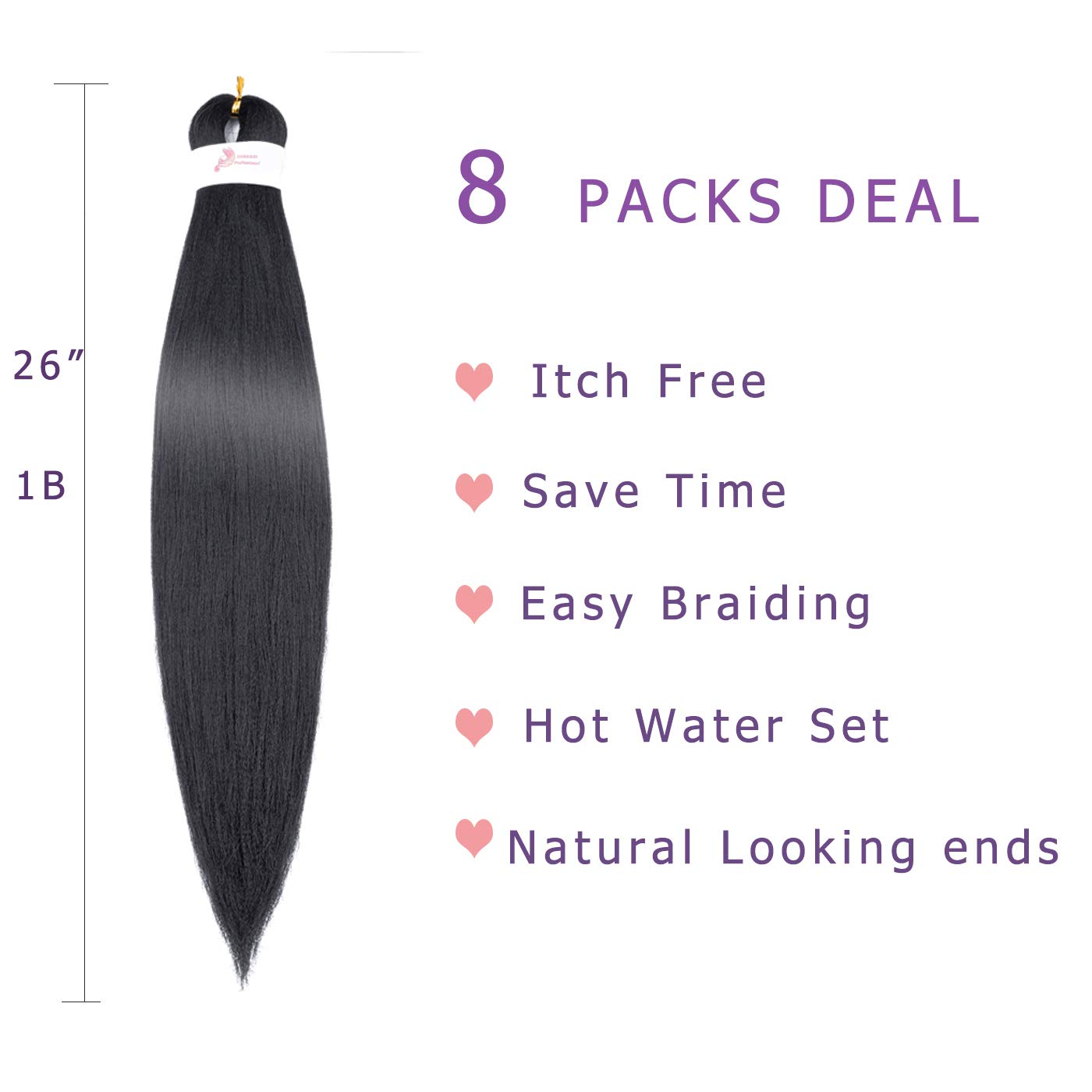 Callia Braiding Hair Pre Stretched 26 Inch Braiding Hair 8 Packs Kanekalon Braiding Hair Synthetic Braiding Hair Extensions Black Braiding Hair 1B
