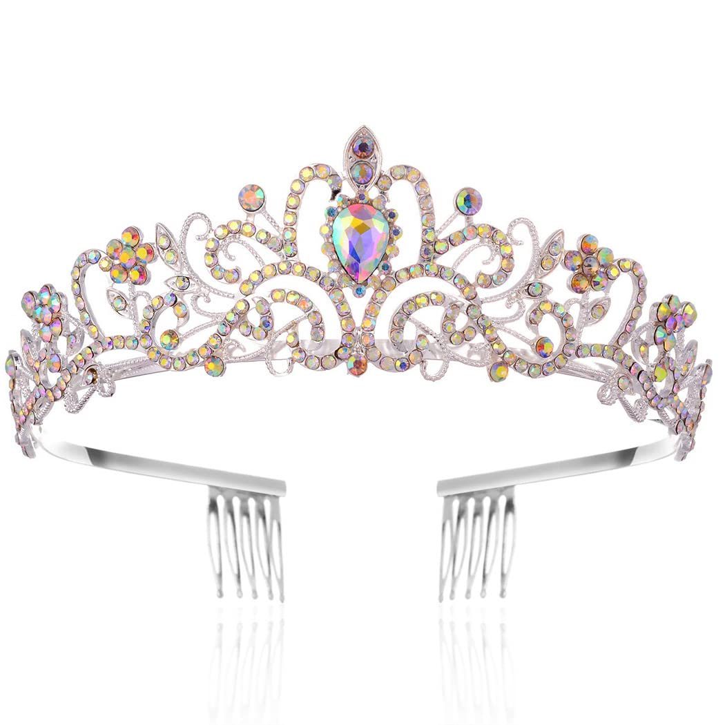 YeanSilver Crystal Tiara Crowns Bridal Queen Crown with Comb Rhinestone Princess Crowns Costume Hair Accessories for Women and Girls (Silver AB)