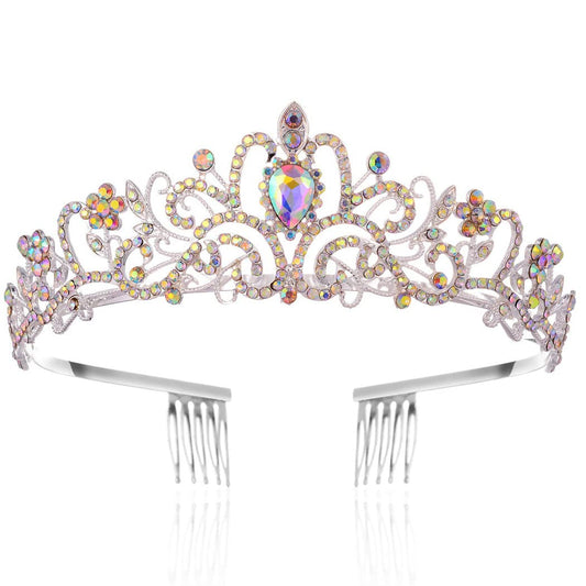 YeanSilver Crystal Tiara Crowns Bridal Queen Crown with Comb Rhinestone Princess Crowns Costume Hair Accessories for Women and Girls (Silver AB)