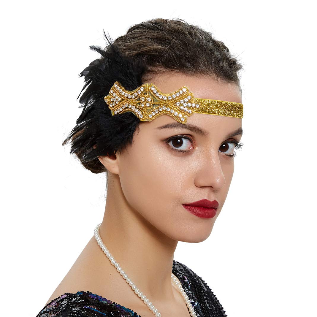Art Deco 1920s Flapper Headband Feather Roaring 20s Great Gatsby Headpiece for Women Hair Accessories Gold Black