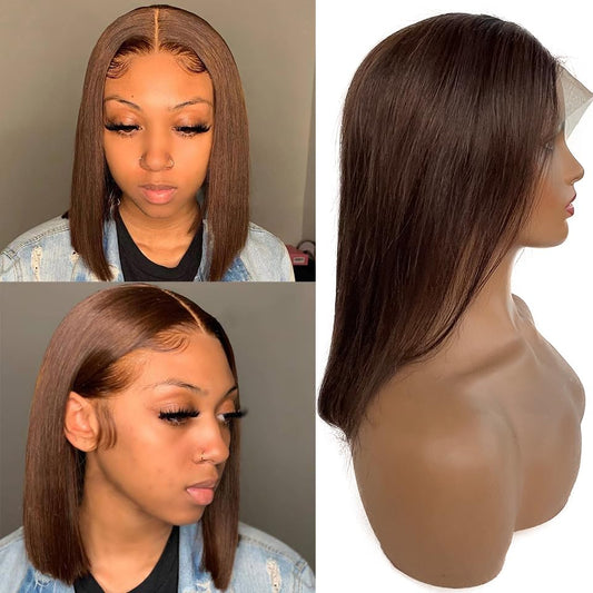 Brown Bob Lace Front Wigs Human Hair for Women 13x4 HD Lace Frontal Straight Bob #4 Medium Brown Middle Part Bob Wig 12 Inch Lace Front Human Hair Pre Plucked Hairline with Baby Hair Brazilian Bob Wig
