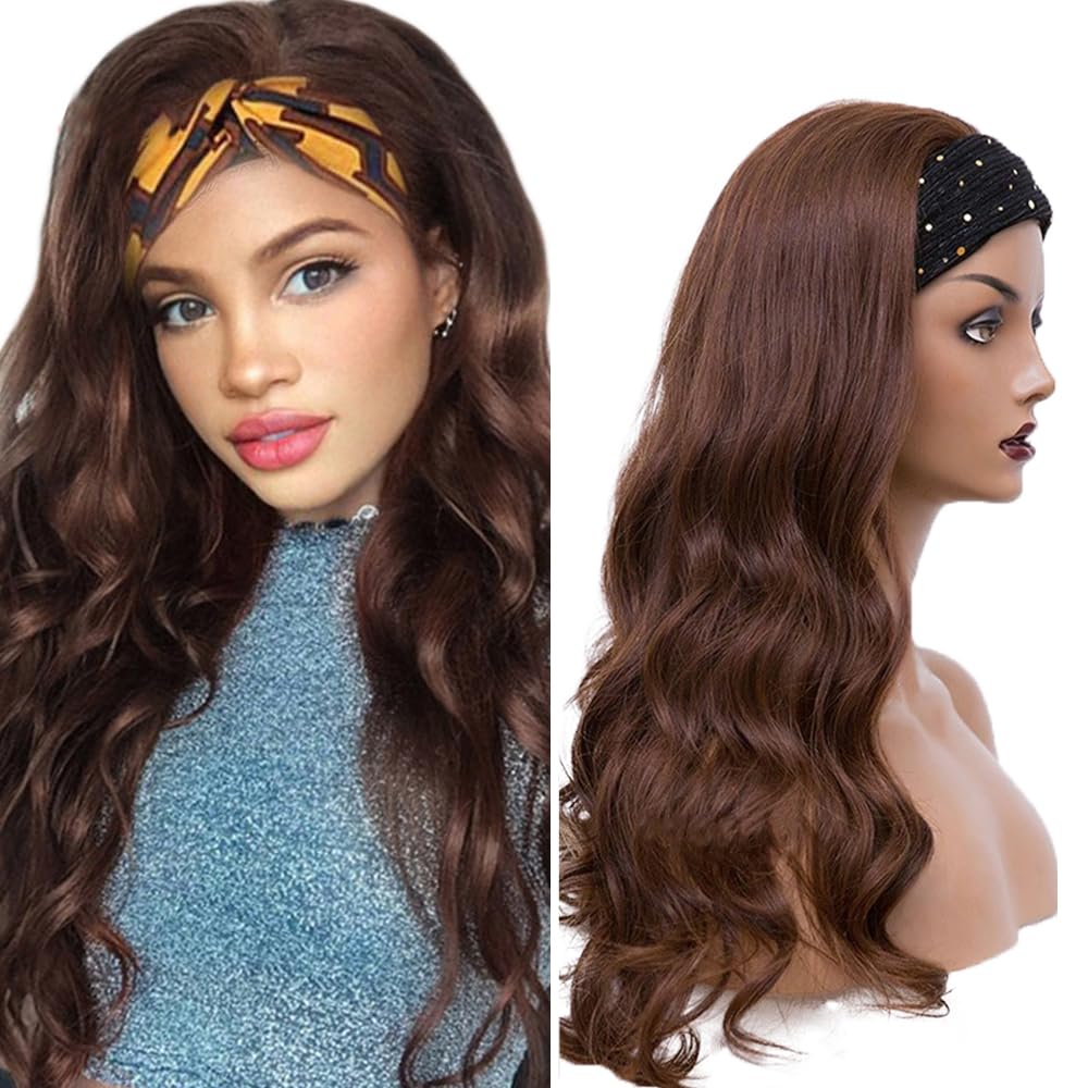 YiweYowe #4 Chocolate Brown Body Wave Headband Wig Human Hair 22 Inch #4 Brown Color 150% Density Brazilian Virgin Hair Glueless None Lace Front Wig Wear and Go Wigs for Black Women
