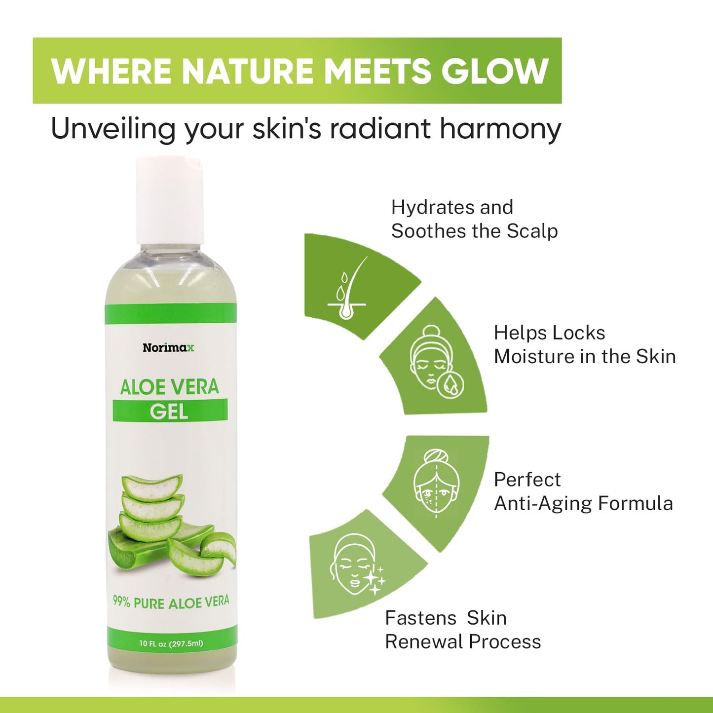 Norimax Natural Aloe Vera Gel for Hair, Scalp, Face, Dry Skin, Sunburn, & Sensitive Skin - Cold Pressed, Vegan, Unscented - Soothing Aloe Face Moisturizer (10 oz.)