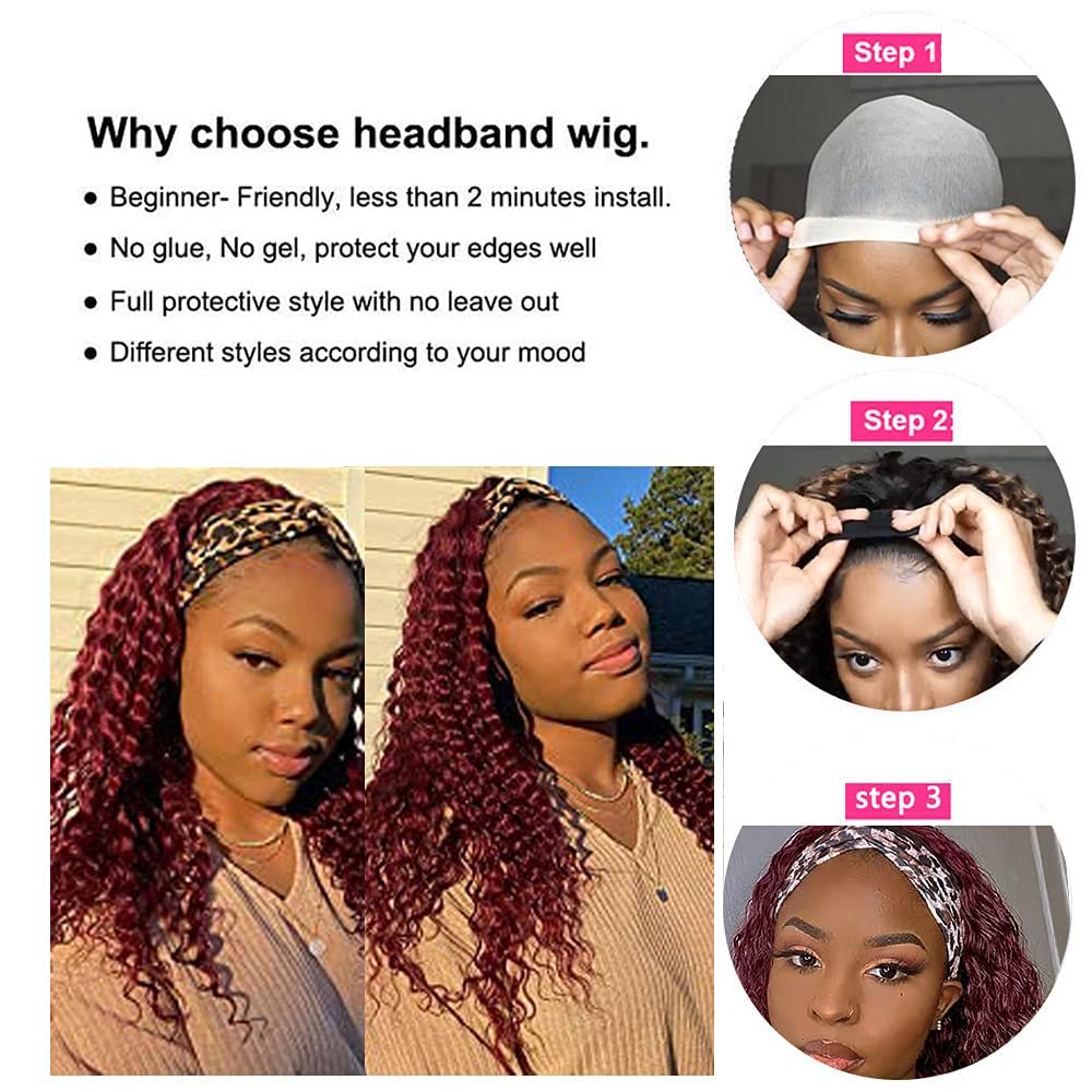 YiweYowe 24 Inch 1B99J Ombre Red Headband Wigs Human Hair Burgundy Deep Wave Headband Wigs 150% Density None Lace Front Two Tone Ombre Human Hair Wigs for Black Women