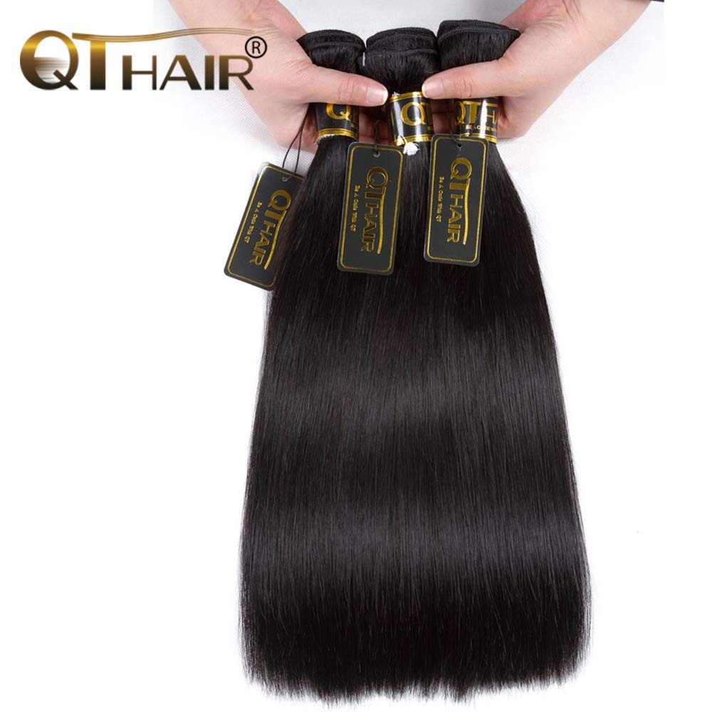 QTHAIR 14A Grade Brazilian Straight Human Hair Bundles With Frontal (12 14 16+10 13x4 Ear to Ear Lace Frontal 100% Unprocessed Virgin Brazilian Human Hair Straight Hair Natural Color