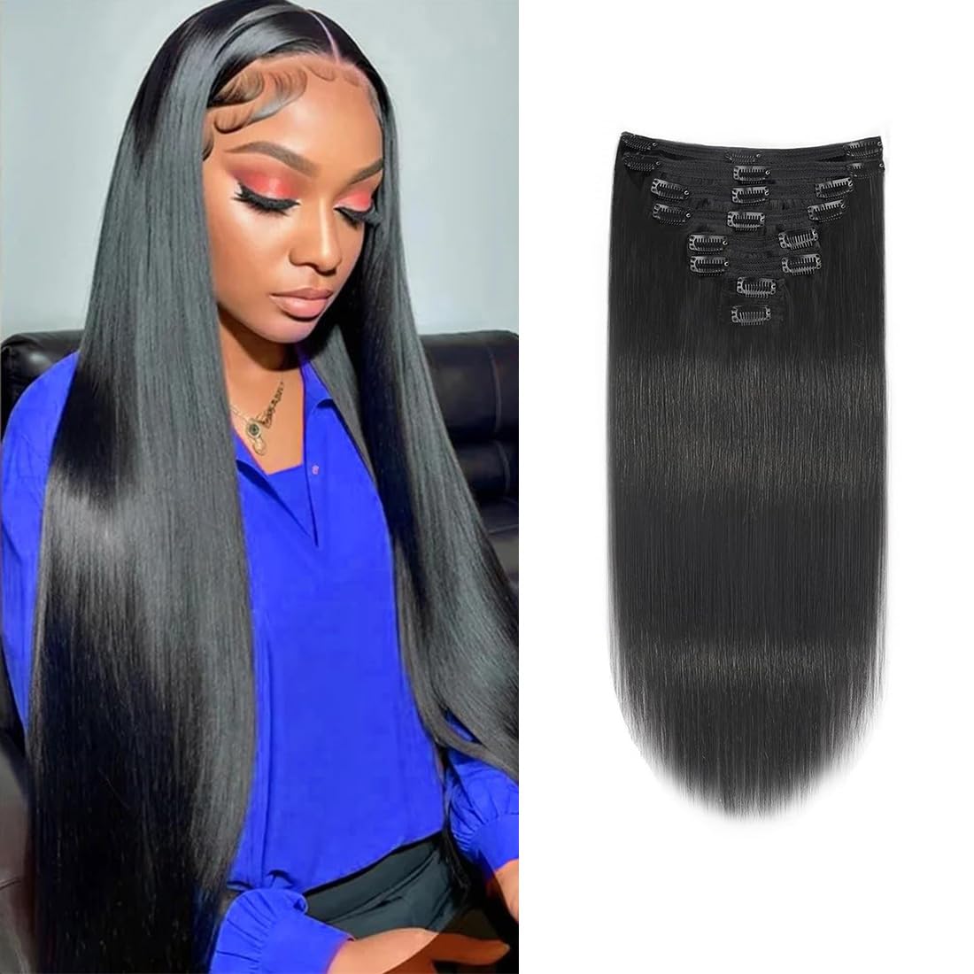 Straight Clip in Hair Extensions Real Human Hair Clip ins Double Weft Straight Clip ins Human Hair Extensions Full Head Natural Black for Women 8Pcs with 18Clips, 120G, 24Inch