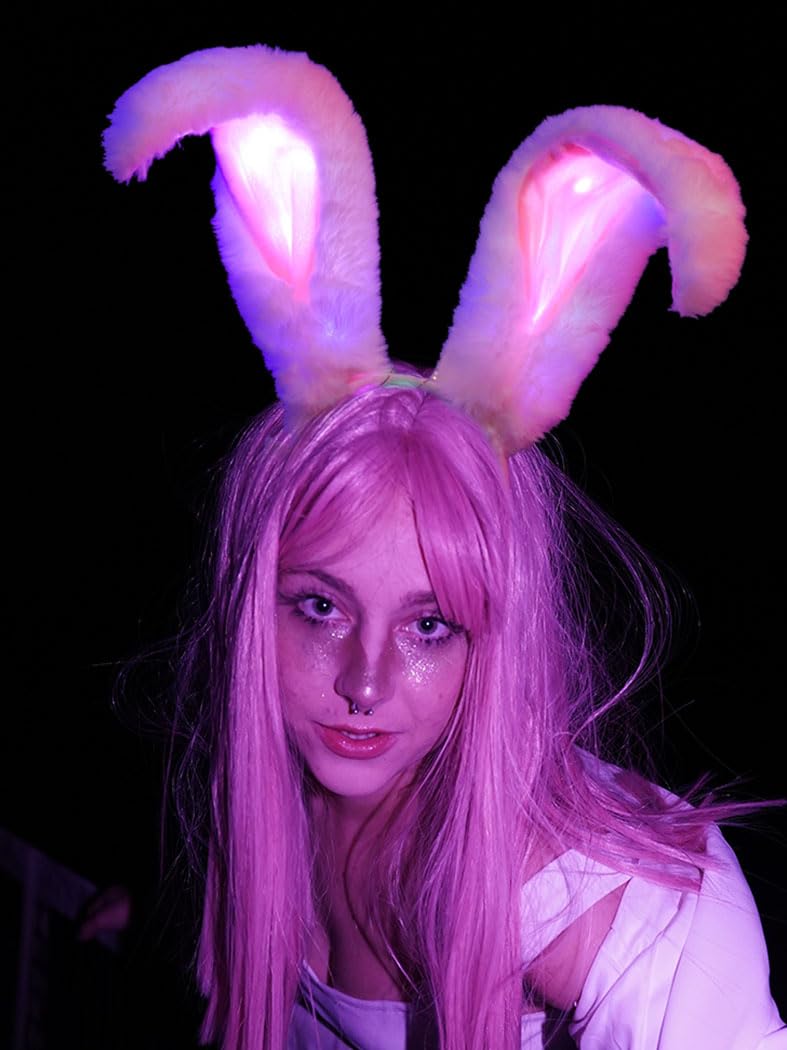 Uranian Light Up Bunny Ears Headbands White Rabbit Ears Hair Band Led Bunny Headband Flashing Furry Ears Headwear Cosplay Party Costume Hair Accessories for Women and Girls
