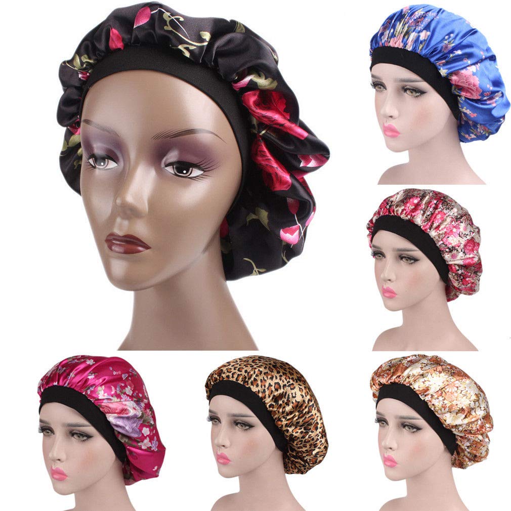 Tvoip 1Pcs Hair Satin Bonnet For Sleeping Shower Cap Silk Bonnet Bonnet Femme Women Night Sleep Cap Head Cover Wide Elastic Band (Black Flower)