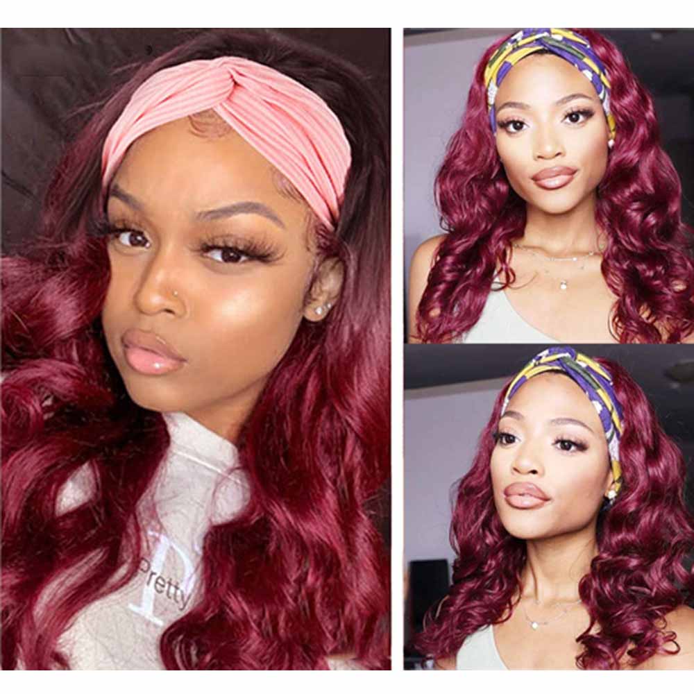 Adette Human Hair Headband Wigs Body Wave Ombre 99J Red Glueless Wavy Wig 180% Density None Lace Front Wigs for Black Women (20 Inch)