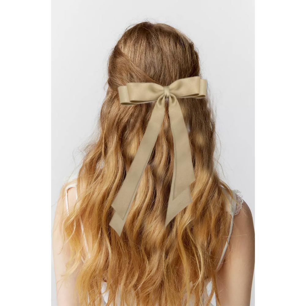Bmobuo Hair Clip, 3Pcs Satin Bows for Hair - Hair Ribbons for Women in Beige, Black, Champagne