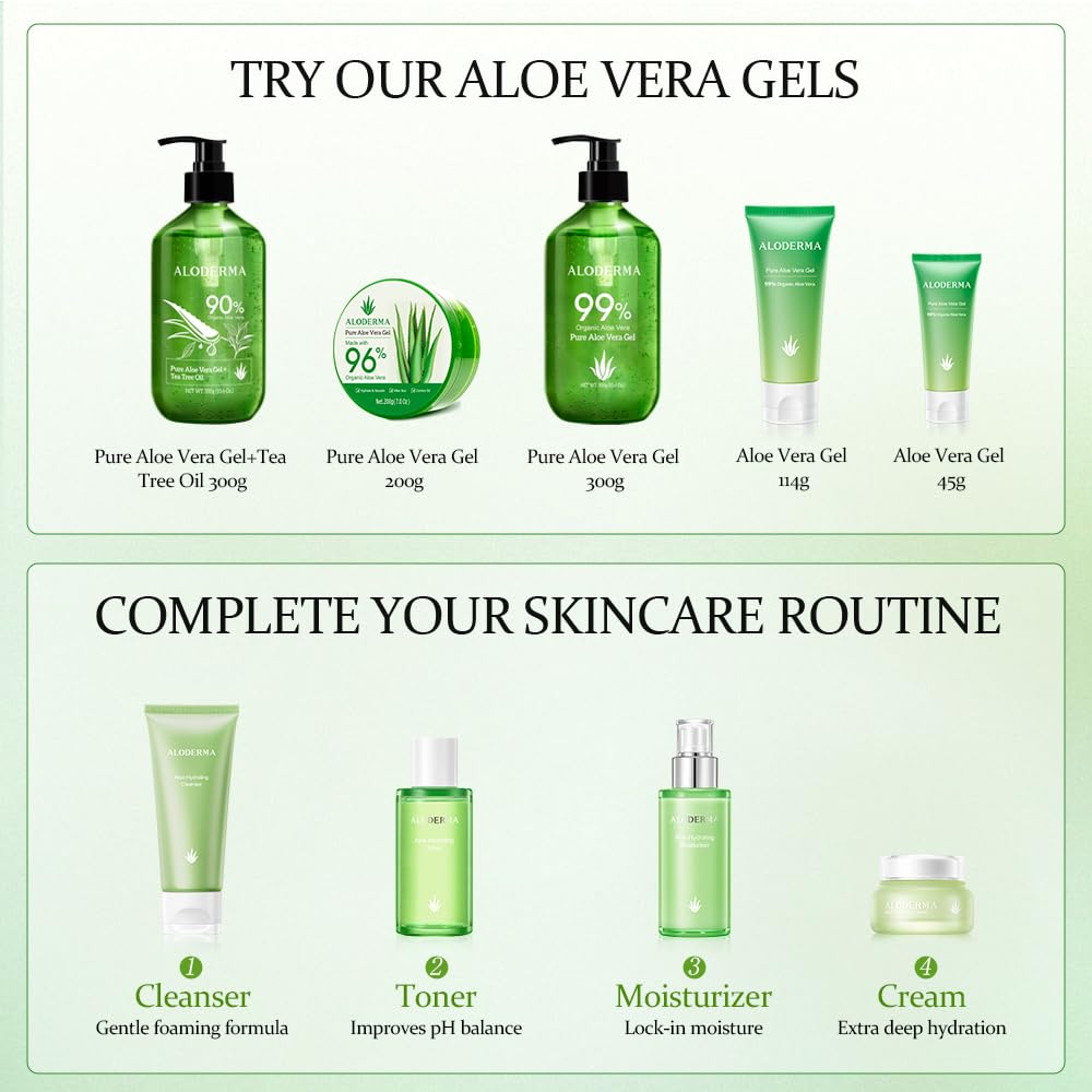 Aloderma Essential Aloe Brightening Skin Care Set - 4 Pieces - Gel, Cleanser, Toner, Cream