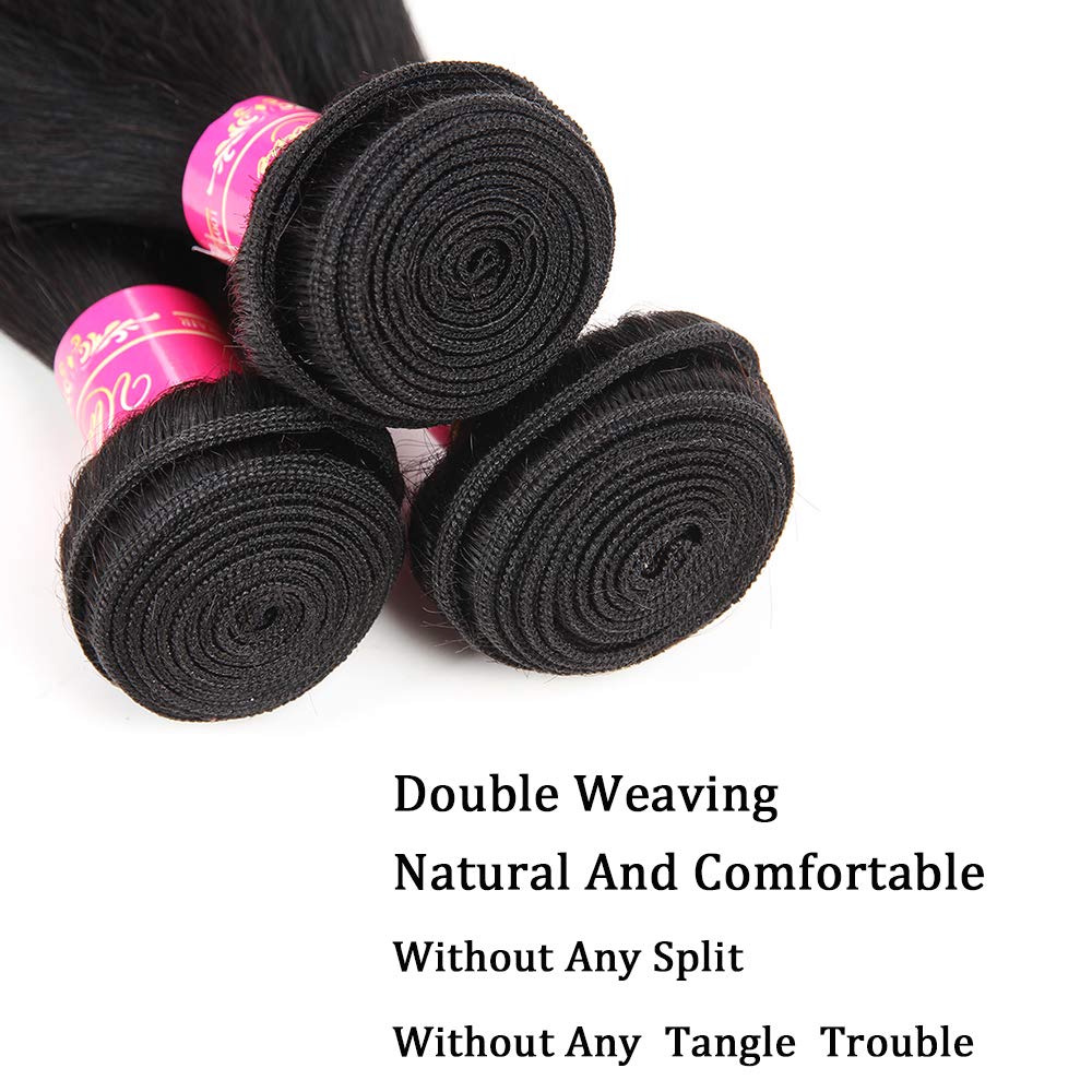 Brazilian Straight Hair With Closure 3 Bundles Unprocessed Virgin Human Hair Bundles With Lace Closure Free Part Hair Extensions Natural Color (20 22 24+18",Free Part)