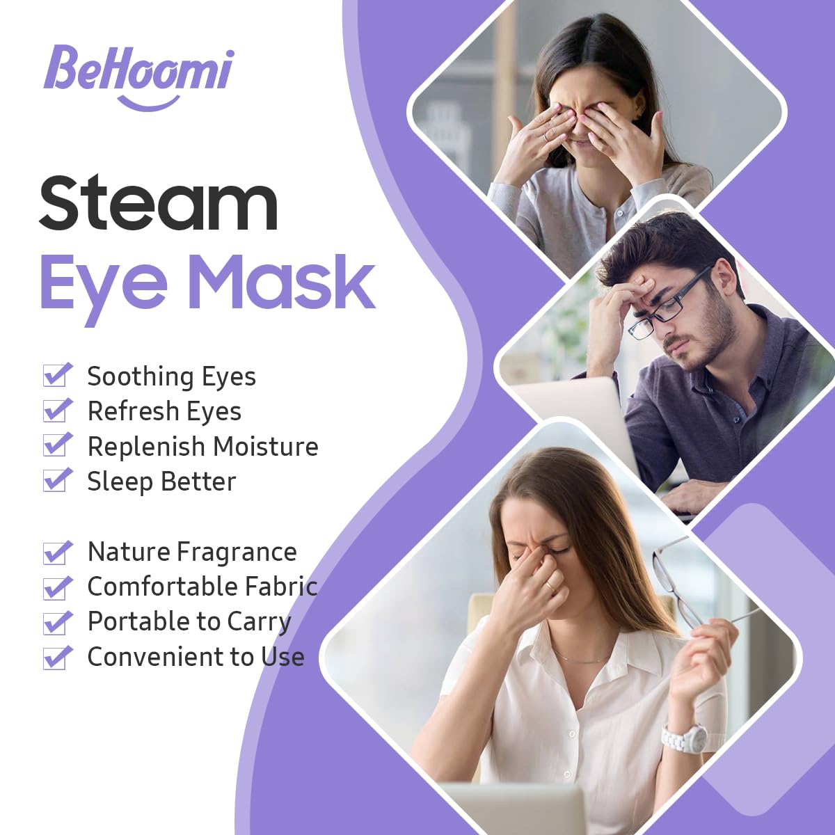 BeHoomi 30Packs Steam Eye Mask, Heated Eye Mask Warm Compress for Eyes, Self Heating Disposable Eye Masks for Home Sleep, Spa, Travel Essentials & Relaxation Gifts, Stocking Stuffers (Lavender)