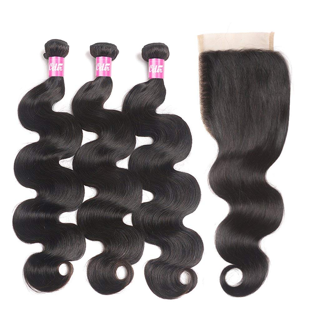 Odir Body Wave Human Hair Bundles with Closure 16 18 20+14 Inch Unprocessed 10A Brazilian Body Wave Virgin 3 Bundles with 4x4 Lace Clsoure Natural Color