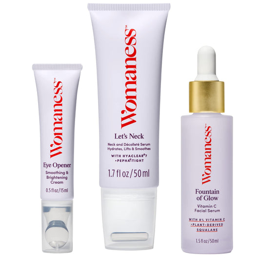 Womaness Menopause Skin & Neck Kit - Let's Neck - Firming & Decollete Wrinkle Serum (1.7 Fl Oz) + Fountain of Glow - Vitamin C Face Serum (50ml) + Eye Opener - Eye Cream (15ml) - 3 Products