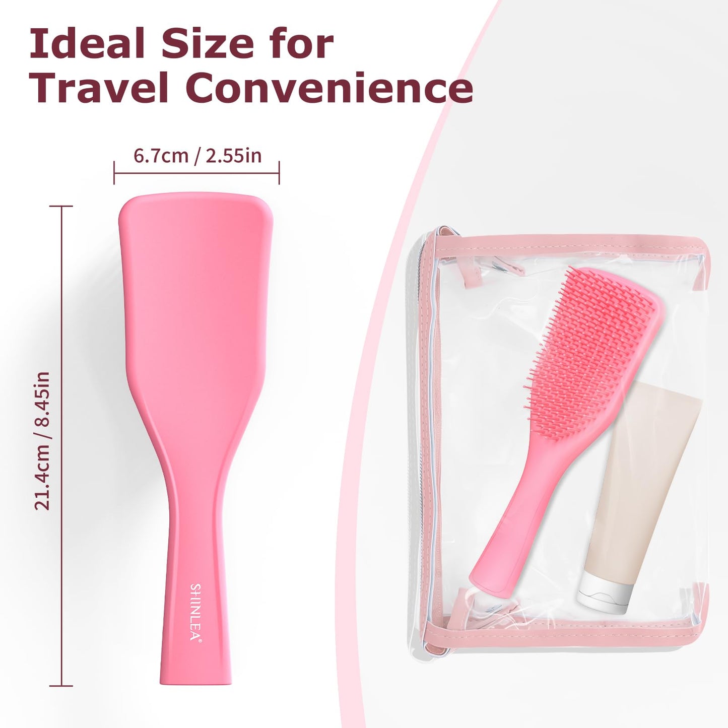 SHINLEA No Tangle Detangler Hair Brush for Wet & Dry Hair, Wave-shaped Soft Bristle Hairbrush for Reduces Breakage, Lightweight Travel Brush Detangling All Hair Types, Pink