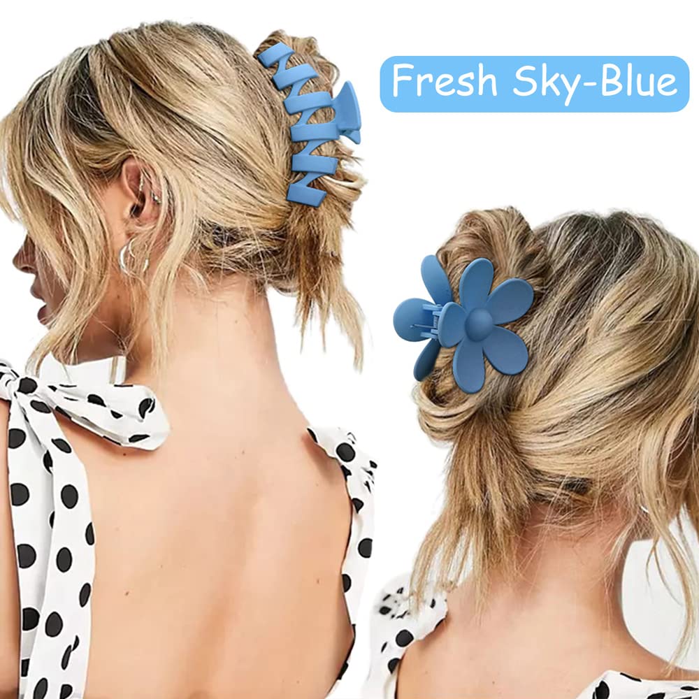 Ahoney 5 Pack Large Claw Clips for Thick Hair Blue Matte Hair Clips 3.4-4.3 Inch French Jaw Clips for Hair Big Butterfly Flower Banana Clips Hair Accessories for Women Hair Styling(Blue)