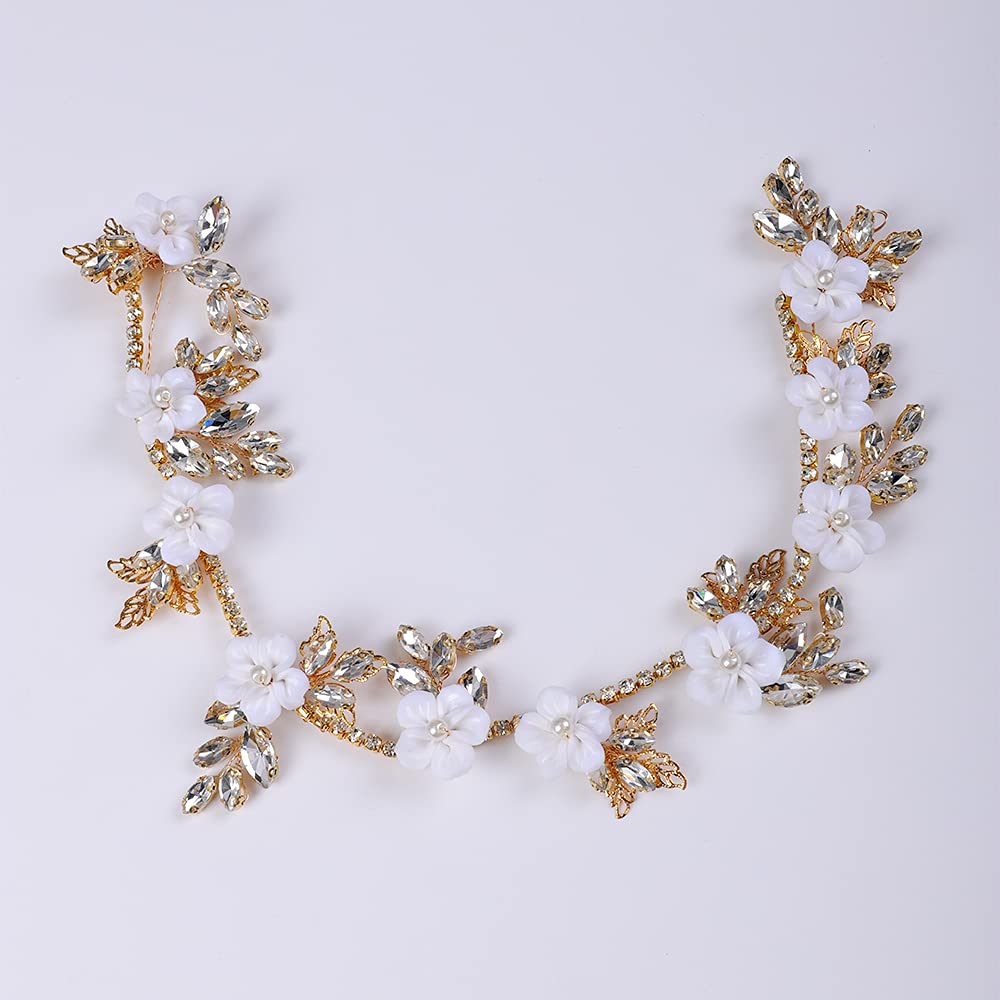YERTTER Bridal White Flower Leaf Crystal Headband Wedding Crystal Floral Headband Pearl Hair Band Crystal Vine Rhinestone Headband Wedding Head Pieces for Women Bride Bridesmaid Flower Girl Prom Birthday Party (Style 2)